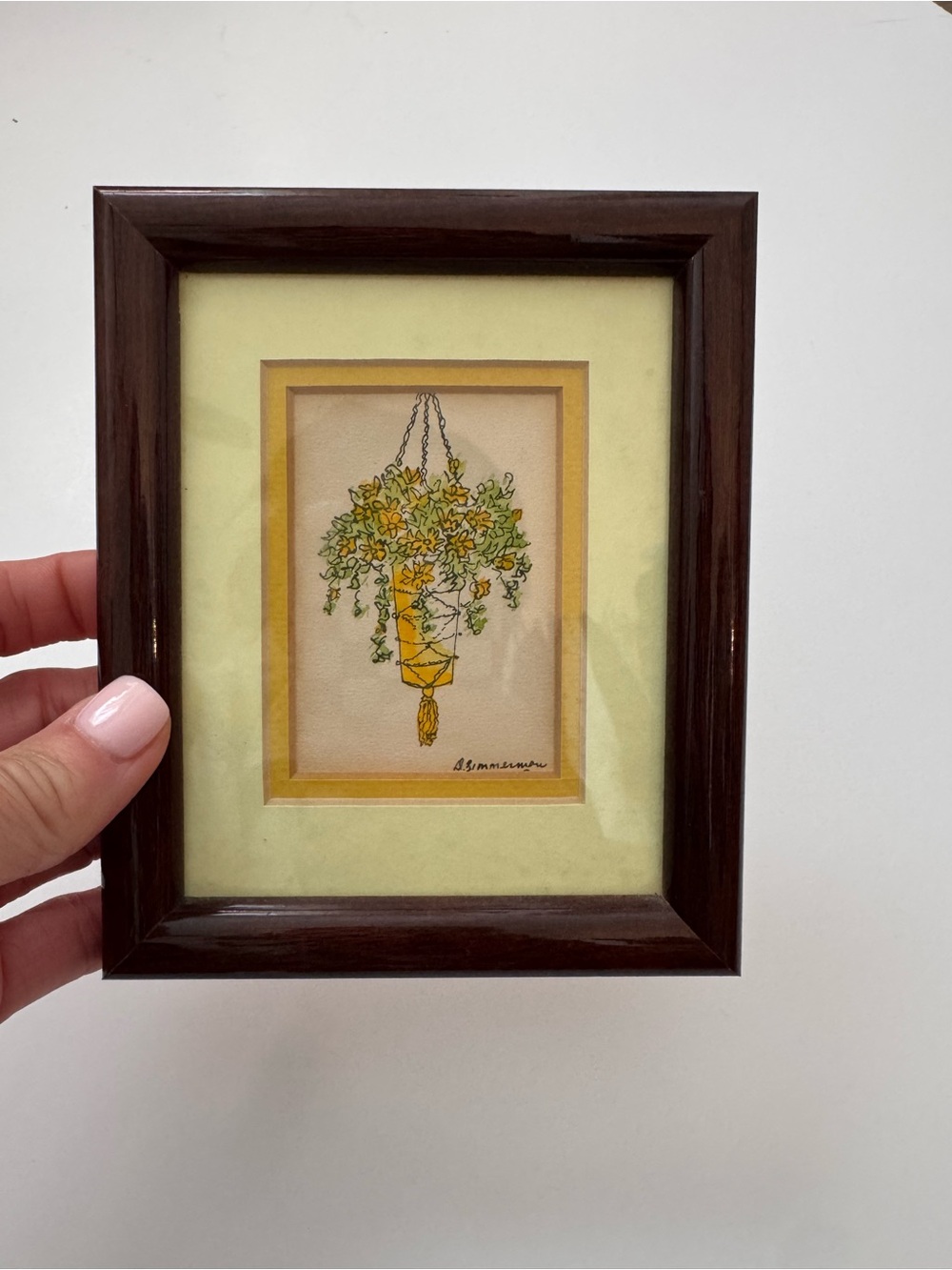 Vintage D. Zimmerman Botanical Water Color Hanging Flower Basket Framed Art